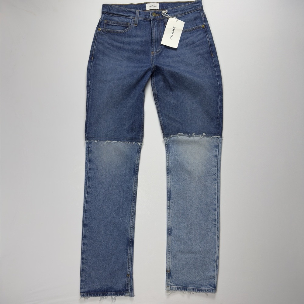 FRAME Womens Two-Tone Patchwork Straight Leg Jeans Raw Hem Denim Color Block  26 - Picture 7 of 15